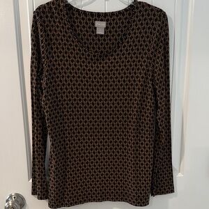 Chico's Elegant Black and Tan Geometric Long Sleeve Top